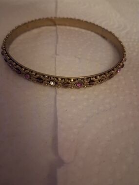 Gold-Tone Filigree Bangle Bracelet with Pink and Clear Accents